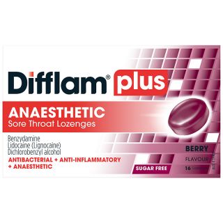 Difflam Plus Sore Throat + Anaesthetic Sugar Free Lozenges Berry 16 Pack