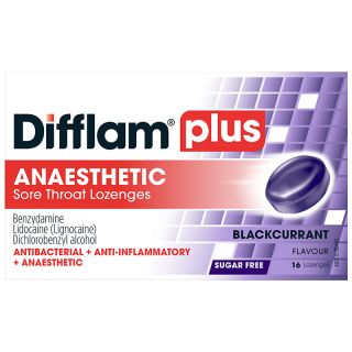 Difflam Plus Sore Throat + Anaesthetic Sugar Free Lozenges Blackcurrant 16 Pack