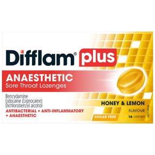 Difflam Plus Sore Throat + Anaesthetic Sugar Free Lozenges Honey & Lemon 16 Pack