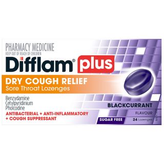 Difflam Plus Sore Throat + Cough Blackcurrant Sugar Free Lozenges 24 Pack