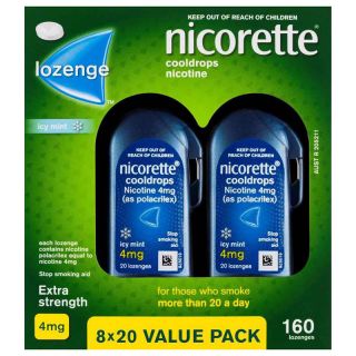 Nicorette Quit Smoking Cooldrops Lozenge Icy Mint Extra Strength 8 x 20 Pack