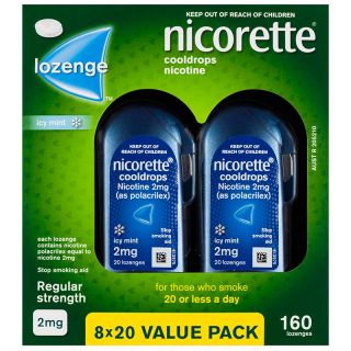 Nicorette Quit Smoking Cooldrops Lozenge Icy Mint 2mg Regular Strength 8 x 20 Pack