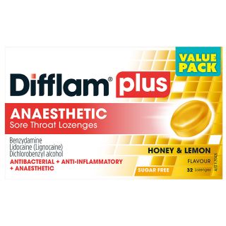 Difflam Plus Anaesthetic Sore Throat Lozenges Honey & Lemon Flavour 32 Pack